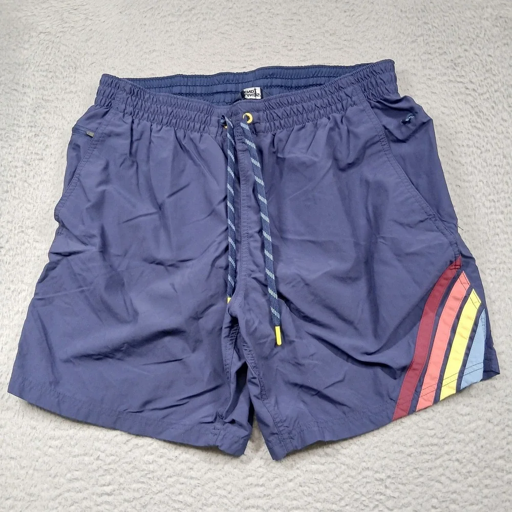 Lands End Mens Swim Trunks Large‎ Blue Elastic Waist Lined Stripe Side